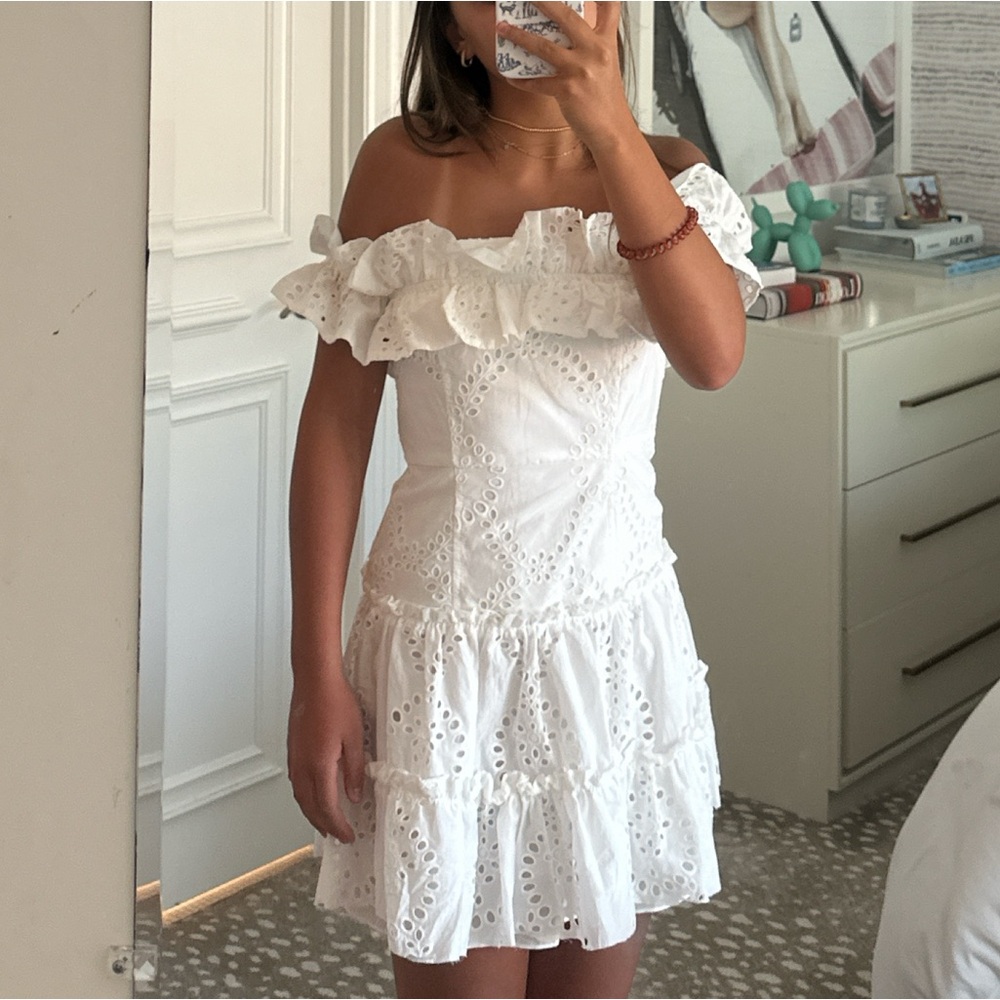 Zara off the shoulder, white eyelet, mini dress
